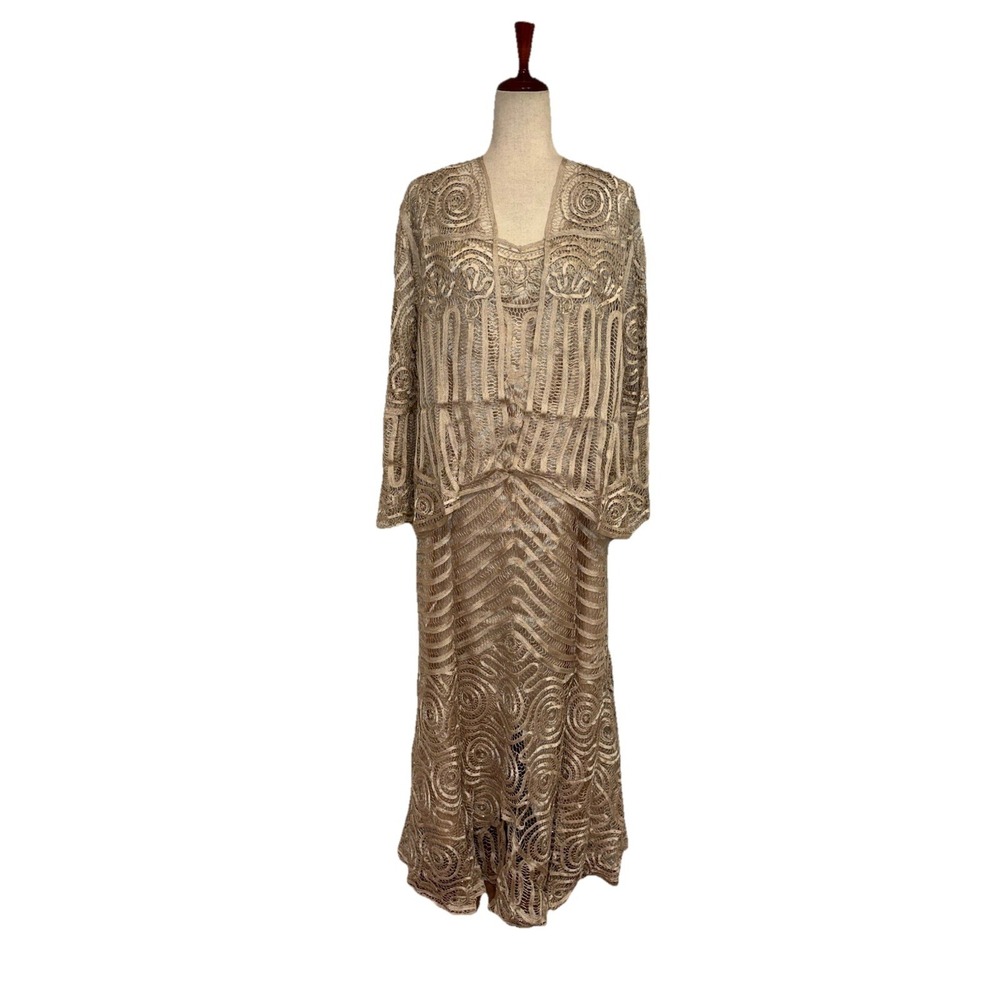 NWT Soulmates D7155 Silk Handcrafted 2 Pc Champagne Crochet Maxi Dress XL $850 - Picture 2 of 16
